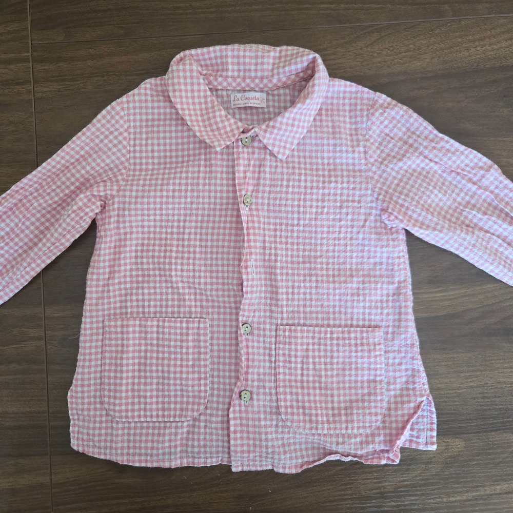 La‎ Coqueta Kids Pink Gingham Seersucker Button Down Shirt Size 2Y Made in Spain